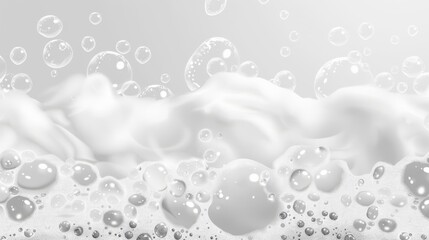 Poster - frothy white soap foam, suds of detergent, cleaning gel or shampoo. Modern realistic illustration. Foam from beer or fizzy drink, isolated on transparent background.