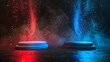 © Mark - This illustration depicts a fight between blue and red podiums or pedestals with glow sparks and smoke, on a black background. Sport confrontations, combats, competitions, and challenges.