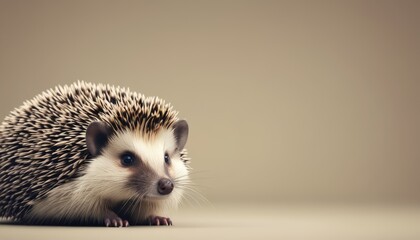 Wall Mural -  a small hedgehog sitting on top of a white floor next to a gray wall and looking at the camera.