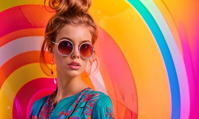 Sticker - Young blonde in sunglasses against a rainbow print backdrop. The concept of bright fashion and style.