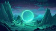 Fantasy illustration of mountain landscape with glowing mystic green in wooden frame, night scene with magic portal, fantastic energy door to alien world.