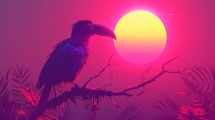 Poster - a bird sitting on top of a tree branch in front of a red and yellow sun with a bird perched on top of a tree branch.