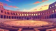 A Roman gladiator fight arena. Modern cartoon illustration of a Coliseum amphitheater during a fight between warriors, barbarians, and Spartans. Traditional fighting arenas from times of ancient