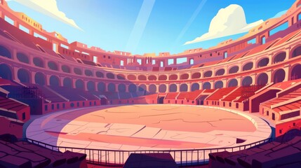 Wall Mural - Roman arena for gladiators fighting. Modern cartoon illustration of empty Coliseum amphitheater. Historical fighting arena for traditional shows.