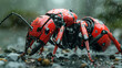 A high-tech robotic red ant with intricate details, set amongst wet pebbles during rainfall, depicts advanced biomimicry in robotics.