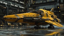 A Yellow Fighter Jet Sits On Damp Ground, Showcasing Its Vibrant Color Against The Wet Surface.