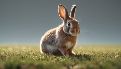 Wall Mural -  a rabbit is sitting in the grass looking at the camera with a surprised look on its face and ears,.