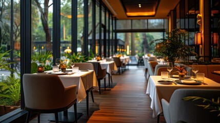 Poster - a restaurant with a lot of tables and chairs and a lot of plants on the outside of the glass walls.