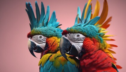 Naklejka na meble  two multicolored parrots standing next to each other on a pink background with a pink sky in the background.