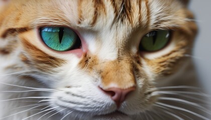  a close up of a cat's face with blue and green eyes and whiskers on its nose.