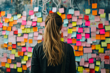 Back view of a thoughtful woman looking at sticky notes on wall in the office, a woman on the background of a wall of stickers