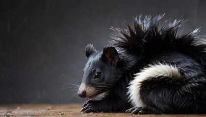 Wall Mural -  a small black and white animal sitting on top of a wooden floor next to a black and white striped wall.