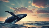 Fototapeta  -  a humpback whale jumping out of the water in front of a cloudy sky with a bird flying over it.