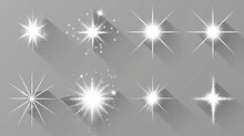 Festive Abstract Texture, Lens Flare, Sparkles, Bokeh, Shining Star With Rays Concept. Abstract Luminous Explosion, Abstract Sun Burst, Digital Flare, Iridescent Glare Over Grey Background.