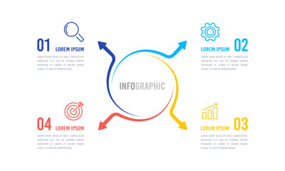 Business infographic template. 4 arrows line design. Infographic cycle options or steps. Vector illustration.