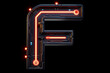 Futuristic 3D uppercase typography, alphabet letter F with metal texture and glowing LED lights isolated on dark background, beautiful unique font design for poster, logo, science fiction movie etc.