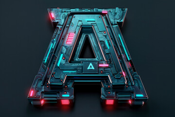 Poster - Futuristic 3D uppercase typography, alphabet letter A with metal texture and glowing LED lights isolated on dark background, beautiful unique font design for poster, logo, science fiction movie etc.