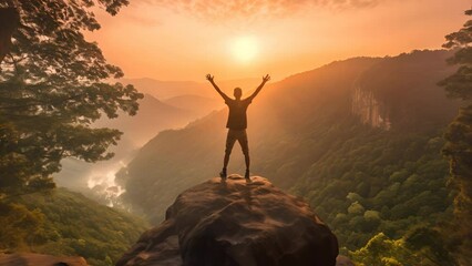 Wall Mural - Successful hiker celebrating success on the cliff