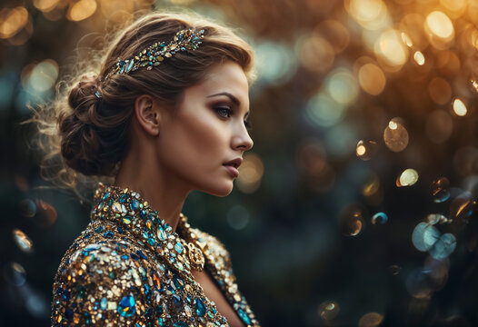 A glamorous portrait of a beautiful woman with stylish hair and makeup, adorned in a glittering sequined dress against a bokeh backdrop.