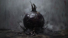 A Painting Of A Giant Onion With A Crown On It's Head In The Middle Of A Puddle Of Water.