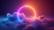 Vibrant circle and rainbow clouds, infused with glowing neon, mystic symbolism, and aurorapunk aesthetics, mysterious backdrop of dark purple and light orange, illuminated with glowing colors.