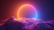 Vibrant circle and rainbow clouds, infused with glowing neon, mystic symbolism, and aurorapunk aesthetics, mysterious backdrop of dark purple and light orange, illuminated with glowing colors.