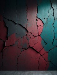 Poster - Dark colorful painted concrete cement wall texture background with rugged large cracks from Generative AI