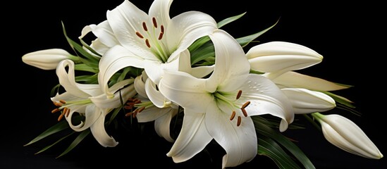 Wall Mural - A stunning arrangement of white lilies with green leaves set against a black background. These terrestrial flowering plants belong to the Lily family and are commonly used in floristry for events