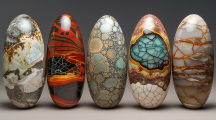 Sticker - a group of marbled eggs sitting next to each other on a gray surface with a black background behind them.