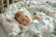 Cute little baby asleep in woodland-themed bedding