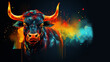 Colours Bull close up, concept animal and bull run, dark neon background, wide banner copy space