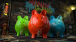 Die Sparschwein Bande - drei Sparschweine mit Pfund-Kette um den Hals stehen auf dunkler Straße mit Schild 
