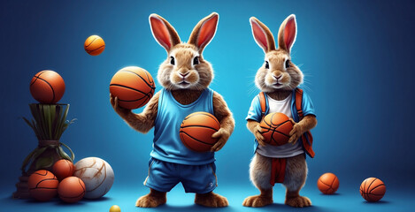 two rabbits dressed as basketball players with basketballs forming an egg, easter day, eggs around it, on a light blue background