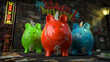 Die Sparschwein Bande - drei Sparschweine mit Dollar-Euro-Pfund-Kette um den Hals stehen auf dunkler Straße mit Schild 
