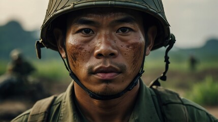 Wall Mural - Portrait of a vietnamese world war soldier on a battle field area background from Generative AI