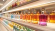 © Rattanathip - Rows of vibrant, colorful perfume bottles are lined up on display shelves, bathed in warm, inviting light in a high-end boutique.