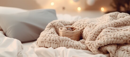 Poster - A person is relaxing on a crafted wooden bed, adorned with soft linens, a cozy blanket, and a fluffy pillow. The room is cozy with natural materials, giving a sense of comfort and luxury