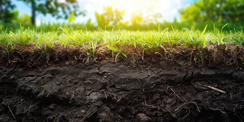 Soil Cross Section with Emerging Seedlings. Detailed cross-section of fertile soil layers with plants emerging, the layer of earth and roots.