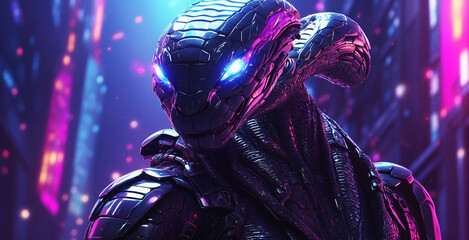 cobra character illustration in cyberpunk style on futuristic background