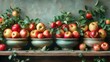 a row of bowls filled with apples sitting on top of a wooden shelf in front of a painting of green leaves and red apples.