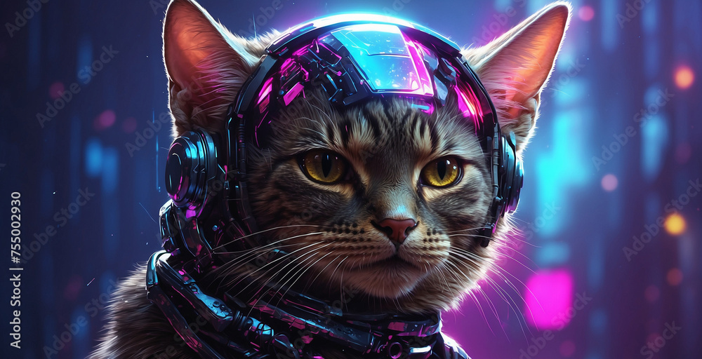 cat character illustration in cyberpunk style on futuristic background ...