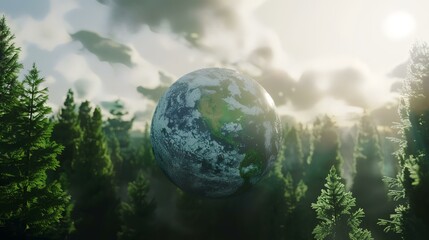 Sticker - Earth planet in the background of the forest. 3d rendering.