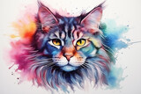 Fototapeta Dziecięca - watercolor painting the portrait of cute Maine Coon cat with colorful colors, decorated with floral, isolate on clean white background