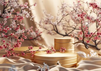 Wall Mural - empty 3D cylinder pedestal display scene Japanese, Background full of plum and cherry blossom, Golden display podium on silk