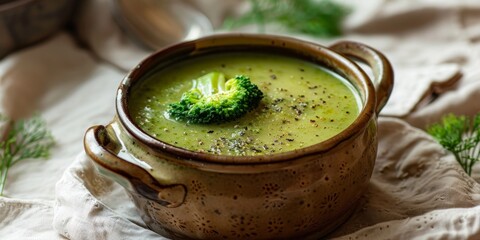 Wall Mural - Vegetarian Creamy Broccoli Soup with Toasted Bread. Serve cream soup in a tureen on a linen tablecloth. Delicious healthy broccoli soup to improve digestion. Healthy nutritious food concept.
