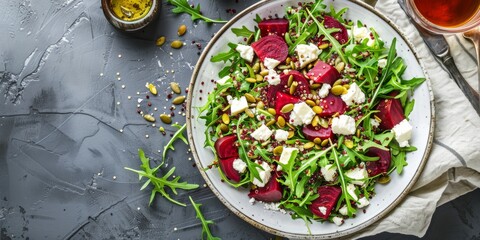 Wall Mural - Place for text. Vegetarian salad of boiled beets, cheese, quinoa, pumpkin seeds and arugula with olive oil in a beautiful ceramic salad bowl. Healthy food concept.