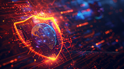 Poster - Vivid digital art showcasing a glowing globe with network lines on a circuit board, symbolizing global connectivity.