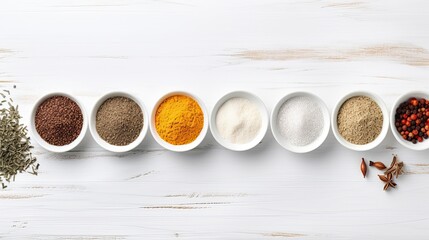 Wall Mural - Set of various spices in small bowls, top view.