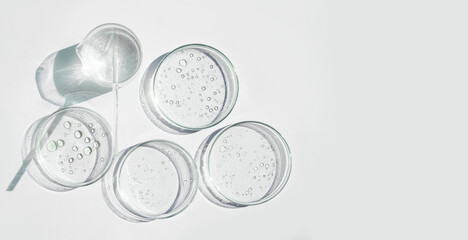 Wall Mural - Petri dish, gel, flask, crystallization bowl. Test tubes, Laboratory. View from above. Medicine, gel texture, white, pipette, samples, research. Material collection. Glass baguette.