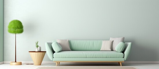 Wall Mural - A mint pastel green accent lounge in a large living room with an empty light painted wall. The room features a greenish-gray sofa, a stylish rug, and modern minimalist interior design elements.